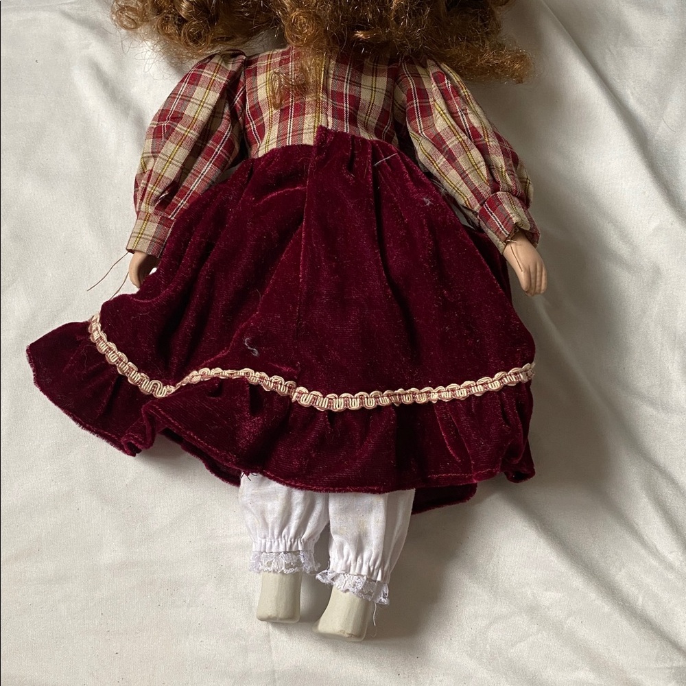 Vintage Style Porcelain Doll in Burgundy Dress - Picture 7 of 9